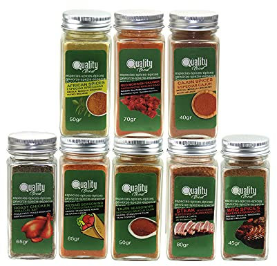 Pack de especias para Carne. Ideal para regalo y uso diario. 8 Tarros de cristal, reutilizables. Cajún, Tajín, BBQ, Churrasco, Kebab, Pollo al Ast, Pincho Moruno, Pimienta Negra