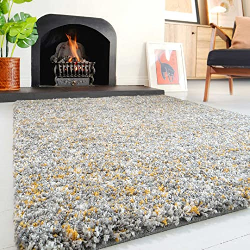 Plush Shaggy Rugs Ochre Grey Soft Mottled Thick Pile Large Small Mustard Yellow Lounge Living Room Bedroom Area Rug 121cm x 171cm