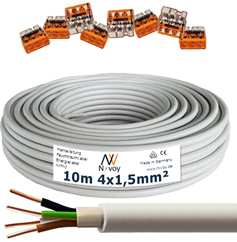 NYM-J 4x1,5 mm² 10m Mantelleitung Feuchtraumkabel mit 8 Stück WAGO Klemmen M99
