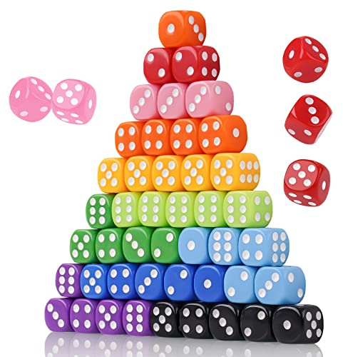NiToy Juego de dados de juego de 16 mm, 50 unidades, 6 caras, colores sólidos, vintage, dados de esquina redonda estándar para juegos de mesa, fiestas, vacaciones, juego familiar (10 colores surtidos)