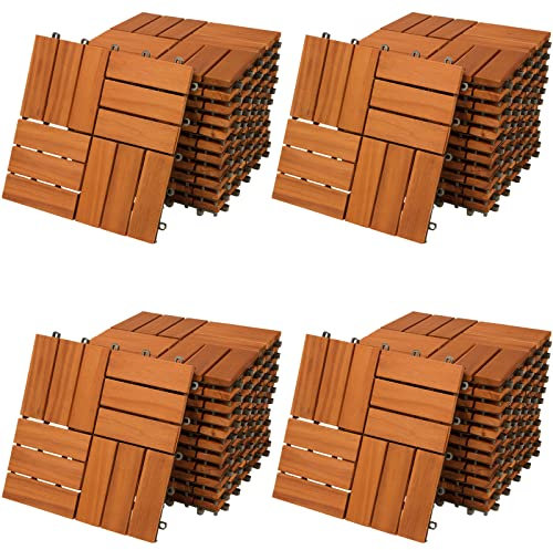 CASARIA® 44x Wooden Acacia Mosaic Decking Tiles | 30x30cm | Cuttable Interlocking System | Drainage System | Garden Patio Click Lock-in Flooring Deck | FSC-Certified Acacia Wood | 44 Tiles