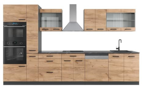 Vicco Küchenzeile R-Line, Goldkraft Eiche/Anthrazit, 350 cm