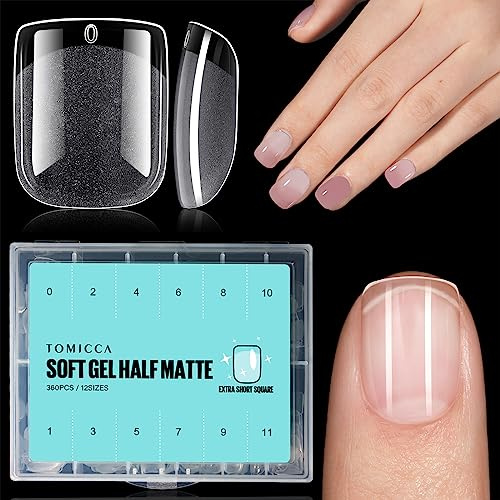 TOMICCA Square Shaped Extra Short Nail Tips - 360PCS Half Matte Soft Gel, No File Needed- Full Cover False Nails, Clear Acrylic & Strong Tips for Press On Extension - 12 Sizes