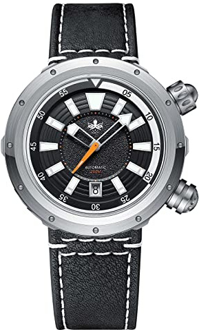 PHOIBOS Vortex Antimagnetische Automatik-Taucheruhr für Herren, 200mwasserdicht, Gehäuse mit versteckten Laschen und Doppelkronen mit innerer drehbarer Lünette, Schwarz PY042C
