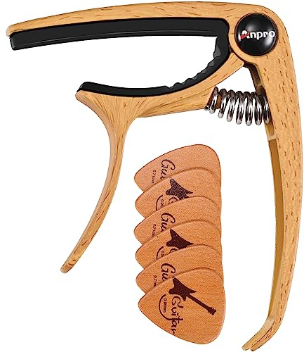 Anpro Guitar Capo, with Pick Holder and 4 Picks for Acoustic and Electric Guitar, Ukulele, Mandolin and Banjo, Naturalwood Color
