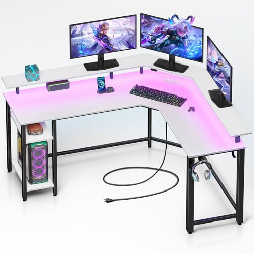 Rolanstar Computertisch L Form mit RGB & Steckdosen, Reversibler Eckschreibtisch Gaming Tisch mit Ablagefläche & 2 Haken, Computertisch für Büro Arbeitszimmer Schlafzimmer(Weiß,117cm)