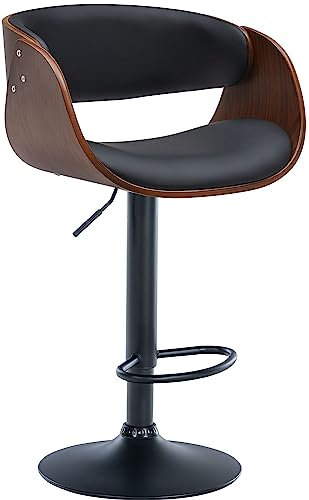 CLP Tabouret De Bar Portmore en Similicuir I Coque en Bois Dossier Ajouré I Pied en Métal I Hauteur Réglable Pivotant | Couleur Noyer/Noir Couleur du Cadre Noir