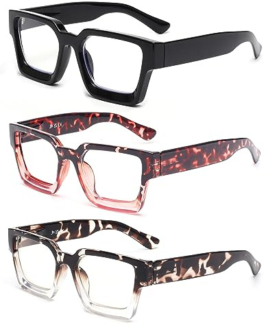 JM Paquete de 3 Gafas de Lectura Cuadrados Bisagras de resorte | Gafas Presbicia con Bloqueo a Luz Azul Para Mujeres y Hombres，Moda