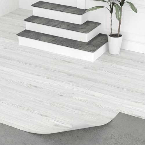 Oxdigi Pavimento in PVC autoadesivo, 3 m², effetto legno, per porta d'ingresso, soggiorno, cucina, balcone, ripostiglio, pavimenti in vinile ritagliabili, 0,6 x 5 m, colore bianco