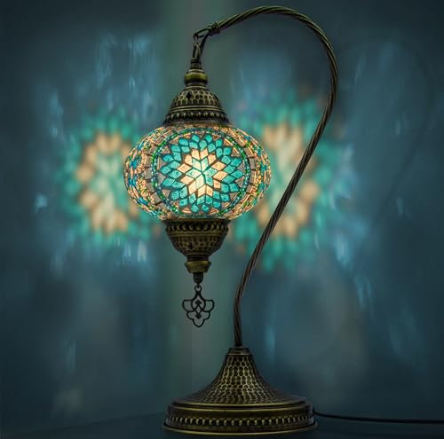 VALVELLO | Lampada A Mosaico | Turchese | Turca Marocchina A Collo Di Cigno, Stile Tiffany, Decorativa In Vetro Per Camera Da Letto, Soggiorno, Regalo Per Occasioni Speciali/Persona Speciale