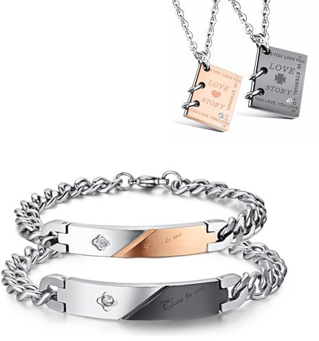 KIM JOHANSON® Edelstahl Pärchen Schmuckset Armband & Kette *Romance* in Silber | Paar Schmuck für Damen und Herren | Geschenk für Paare | Wasserfest | Gravur | BFF | Verstellbar inkl. Schmuckbeutel