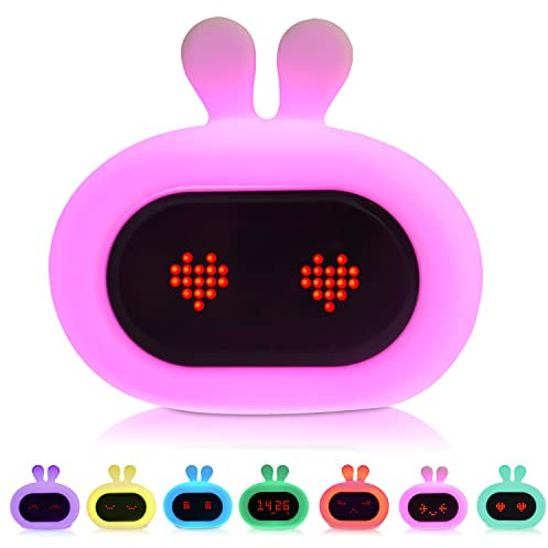 Kadoing® Kaninchen Kinderwecker (Weiß) - mit Mimik und Tippfunktion - Wecklicht für Kinder - Schlaftrainer - Schlafwecker - Nachtlampe - Kinderlampe - Spielzeug Wecker Digital