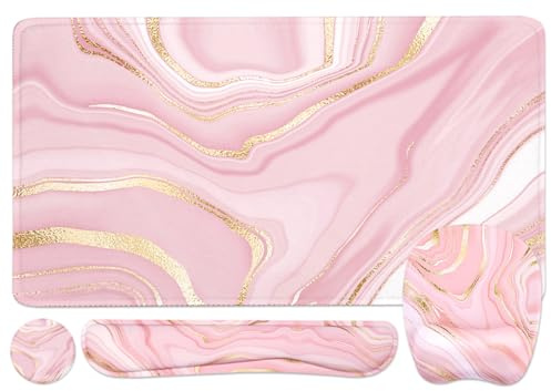 Keyboard Wrist Rest Large Mouse Pad Wrist Support for Computer, 4 in 1 Memory Foam Keyboard Pad Desk Mat Ergonomic Hand Rest Wrist Cushion for Home Office Gaming - Pink Marble