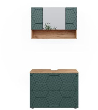Vicco Badmöbel-Set Irma, Grün/Goldkraft Eiche, 80 cm | besteht aus Badspiegel und Waschbeckenunterschrank