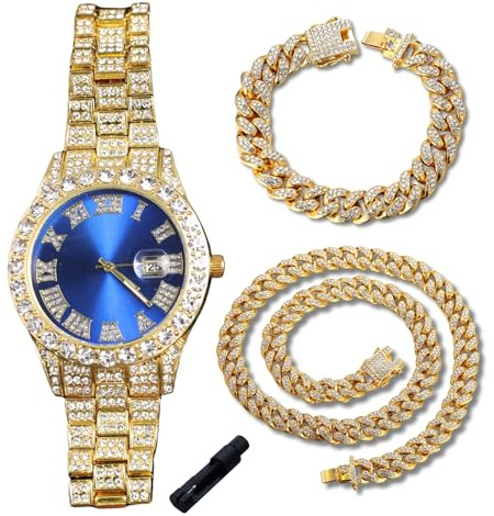 Genkigold Diamantklocka för pojkar – rund urtavla 42 mm med romerska siffror i 3 färger – 18K guld/platinapläterad 20 cm rem, justeringsverktyg, kan kombineras med kubansk kedja, Guldklocka - blå