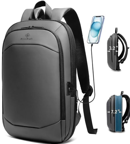 HEROIC KNIGHT Laptop Rucksack Herren 17 Zoll wasserdicht mit USB-Grau | Arbeitsrucksack 27 l, leicht, dehnbar, multifunktional, wasserdicht, Diebstahlschutz, Rucksack, für Arbeit, Büro, Reise