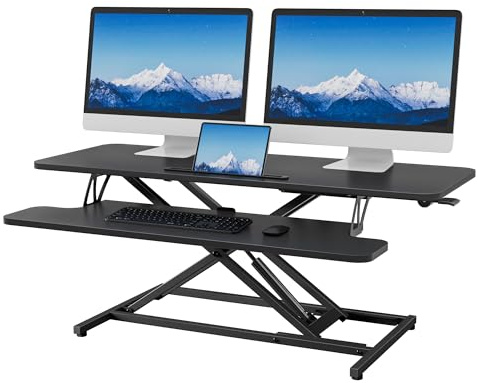 ERGOMAKER Schreibtischaufsatz Höhenverstellbar 106 x 40 cm für Dual-Monitor | Stehpult mit Tastaturablage für Homeoffice & Büro. Höhenverstellbar, 15 kg Tragkraft. Fördert gesundes Sitzen-Stehen.