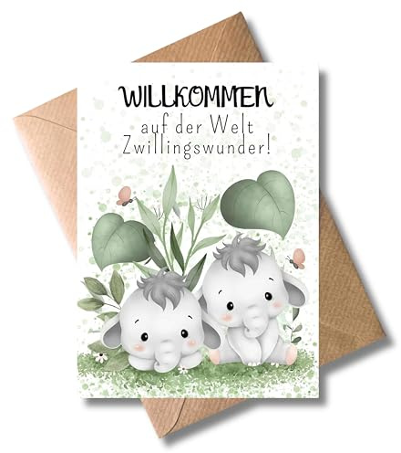 Glückwunschkarte zur Geburt von Zwillingen - Bezaubernde Geschenkkarte mit Umschlag Willkommen auf der Welt Zwillingswunder Herzliche Glückwünsche Babyglückwünsche Willkommenskarte Kind (DIN A6)