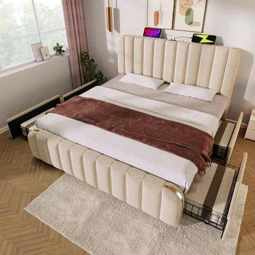 KOMHTOM Lit Double Rembourré avec Fonction de Recharge USB et Typ-C, Cadre de Lit Plateforme avec 4 Tiroirs de Rangement, Sommier à Lattes en Bois, Moderne(sans Matelas) (180x200 cm)