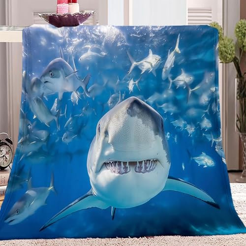 Kuscheldecke Tiere EIN Fischschwarm Umgibt Einen Hai 130 x 150 cm Blau Weiß, Warm Flauschige Flanell Kuscheldecken Für All Seasons, Weiche Drucken Decke als Schlafdecke Tagesdecke oder Sofadecke