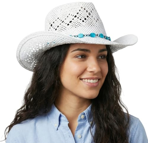 HIQIU Cowboy Strohhut Damen Sommer Strandhut Westernhut - Damen Straw Cowboy Hut mit Perlenbesatz Krempe Panamahut