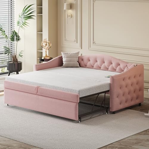 Idemon Letto imbottito divano letto allungabile, 90 x 200 cm, con porta USB, forma classica con bottoni a rete a doghe, letto multifunzionale, letto per gli ospiti, tessuto di lino (materasso non
