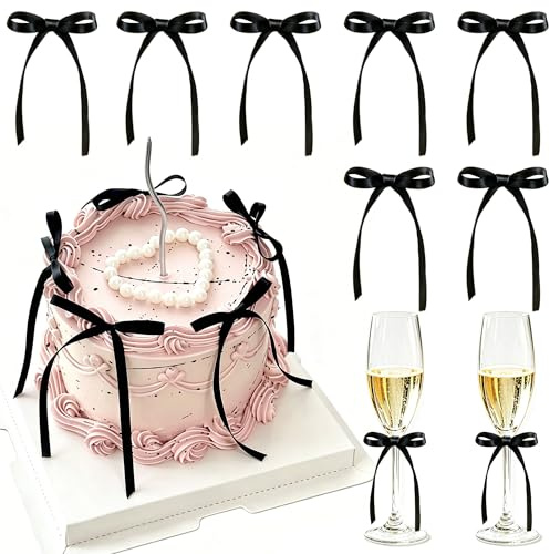 20 Stück Schwarze Bogen Cupcake Toppers Schwarze Bandbögen Kuchen Topper für Abschluss Dekoration Bogen Geburtstag Dekorationen für Baby Dusche, Hochzeit, Verlobung, Bachelorette Party
