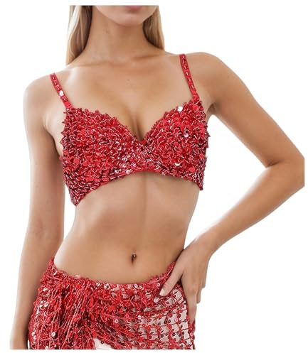 Vhersily Damen-Dessous für Unterhaltung, Disco, BH mit Pailletten, für Kostüm, Bauchtanz, Kostüm & Zubehör, rot, M