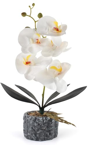 ginojex Orquídea artificial realista con jarrón de cemento, decoración vívida para el hogar, centros de mesa de boda (blanco, 15 pulgadas)