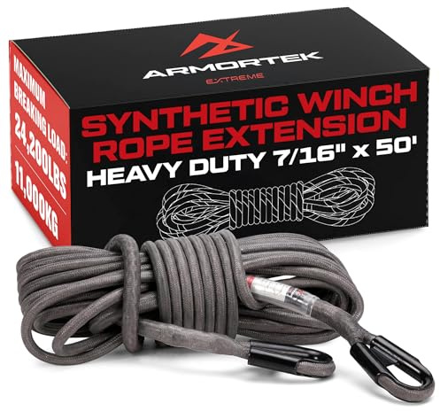 Armortek Extreme Synthetic Rope Winch Heavy Duty Tow Rope,11mm x 15m Cable with Hook, Stopper and Handsaver Strap, 11000KG Load – For Car, Truck