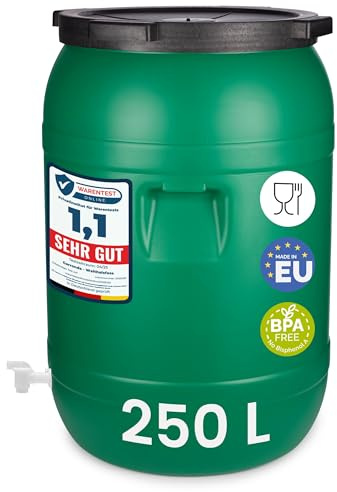 Garronda 250L Fût Plastique Alimentaire avec Robinet – Récupérateur d'eau sans BPA pour Eau, Fermentation, Croquettes, Choucroute GD-0142