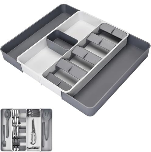 pobowlgarls Cutlery Trays - Expandable Cutlery Drawer Organiser, Space-Saving Design Utensil Tray with Adjustable Compartments Large, Grey