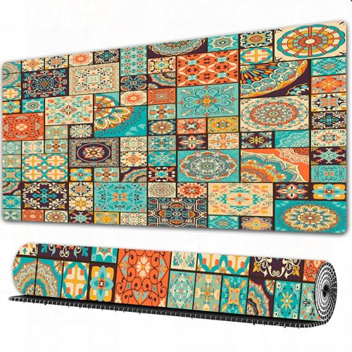 FEHWI Grand Tapis de Souris de Jeu avec Bords surpiqués et Dos antidérapant,sous-Main pour Clavier et Souris,Carreaux en Patchwork colorés sans Couture avec Motifs Ottomans Arabes islamiques,90×40 cm