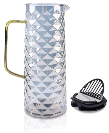 AstraLoom Carafe à eau en verre de 1350 ml avec couvercle et poignée noirs | Design texturé en losange | Pichet à boissons chaudes et froides pour jus, lait, café, thé | pour porte de réfrigérateur