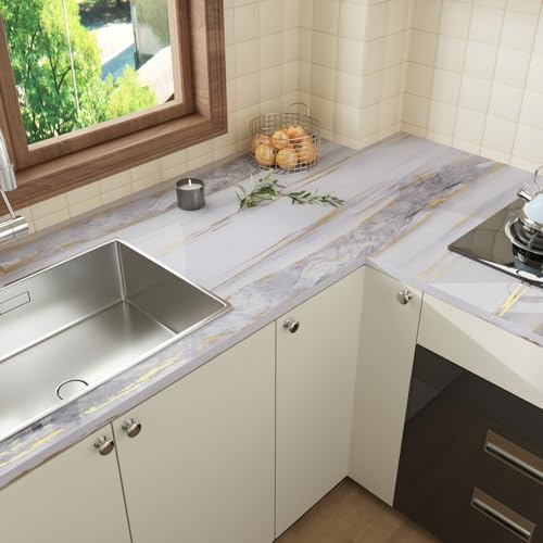 CRE8TIVE Papier Peint Marbre Blanc Gris 30cm x 200cm Vinyle Adhesif Effet Marbre Brillant Papier Adhesif pour Meuble Cuisine Impermeable Moderne Film Autocollant Meuble Salle de Bain Comptoir Armoire