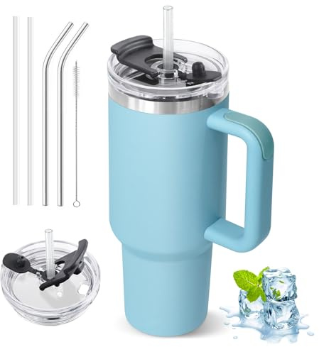 ZAKVOP Mug Isotherme avec Paille, 1200ml Tasse Isotherme avec Poignée et Couvercle, Gobelet Travel Mug Tumbler Cafe avec Couverture Multifonction