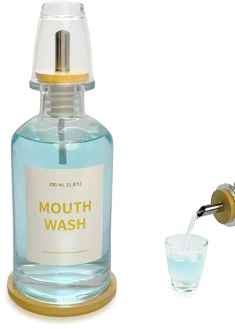 Hniuyun 11.8 oz Glass Mouthwash Dispenser for Bathroom with Bamboo Tray & Steel Nozzle - Reusable Cup, Gold Accents, Countertop Decor