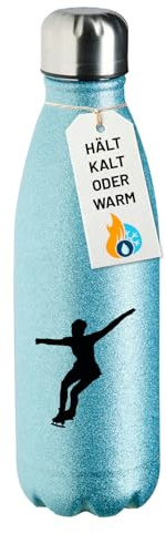 Huuraa Glitzer Trinkflasche Eiskunstlauf Silhouette Geschenk | 500ml Blue Edelstahl Wasserflasche Trinkflasche Blau Geschenkidee Glitzer Thermosflasche Isolierflasche Schraubverschluss