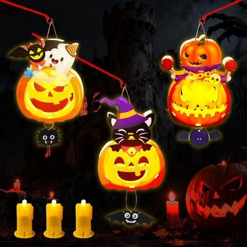 IWTBNOA Halloween Laternen Bastelset, 3 Stück LED DIY Laterne Kinder mit Laternenstab, Kürbis Papierlaterne Kinder, Halloween Party Dekoration Geschenke für Junge Mädchen