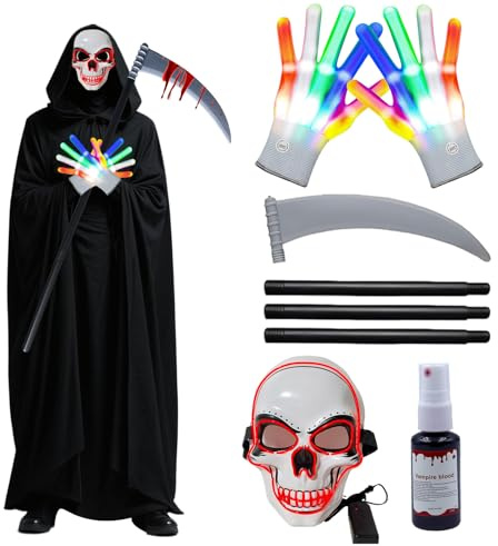 Grim Reaper Costume con Cappuccio del Mietitore,LED Guanti,Falce Della Morte,LED Maschera con Teschio,30ml Spray di Sangue,Costumi Halloween,Vestito Mietitore,per Halloween Carnevale Cosplay Feste