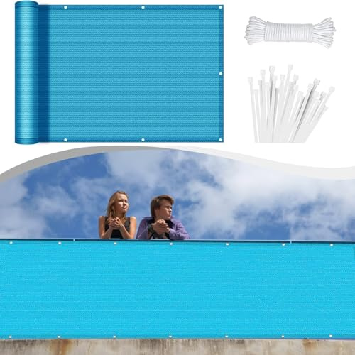 Balkon Seitensichtschutz 130 x 680 cm Ohne Bohren Blickdichte Wind Uv-Schutz mit Ösen Kabelbinder Kordel Balkon Sichtschutz/Balkonbespannung für Gartenanlagen, Camping, Himmelblau