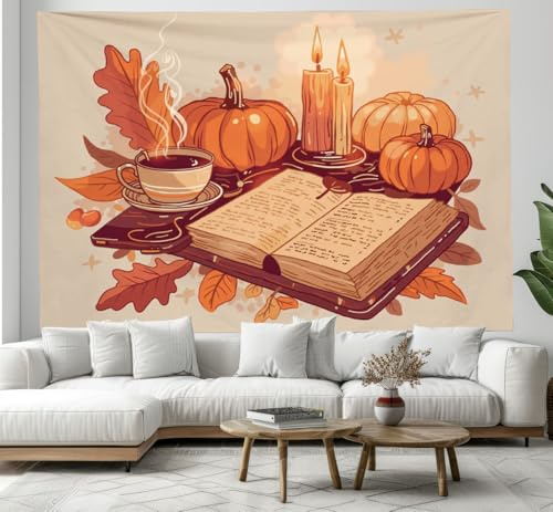 JSCWDET Arazzo Da Parete Disegno In Stile Disegnato A Mano Tapestry Wall Hanging Con Candela Caffè Texture Di Libro,Utilizzato In Camera Da Letto,Soggiorno,Copriletto,Decorazione Murale,200 X 150 Cm