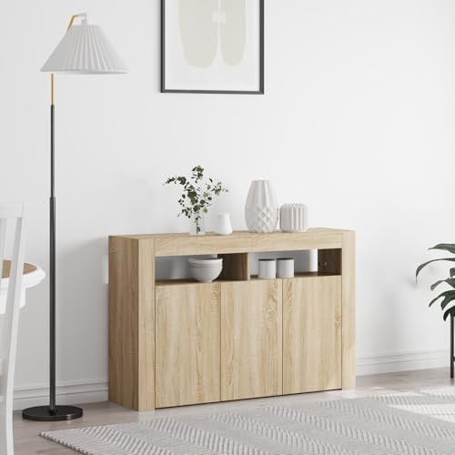 WRJENFSC Sonoma Eiche Sideboard 116 x 30 x 75 cm, modernes Sideboard Wohnzimmer mit bunten LED Beleuchtung, robuster Ingenieurholz-Küchenschrank & Flurmöbel für Esszimmer, Lounge und Büro
