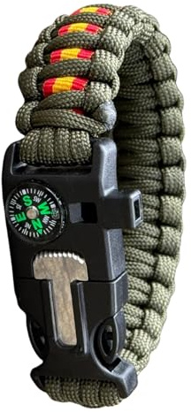 Pulsera de Supervivencia ESPAÑA a Medida 5 en 1 con Silbato, brújula, pedernal, raspador y Cuerda de Paracord 550 Tipo III. Hecha a Mano en España. Color Verde Militar (Talla 19)