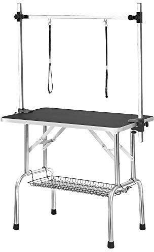Mesa de peluquería para perros, plegable, con brazo ajustable, diseño pesado, brazo portátil, bandeja de red y alfombrilla de goma