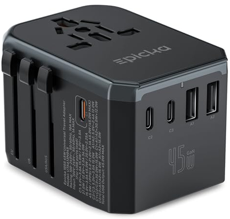 Epicka Universal PD snabb laddning reseadapter, 45 W snabbladdning, reseadapter med 3 USB C och 2 USB A, universell för EU, USA, Storbritannien, Thailand, Australien – reseadapter 105s