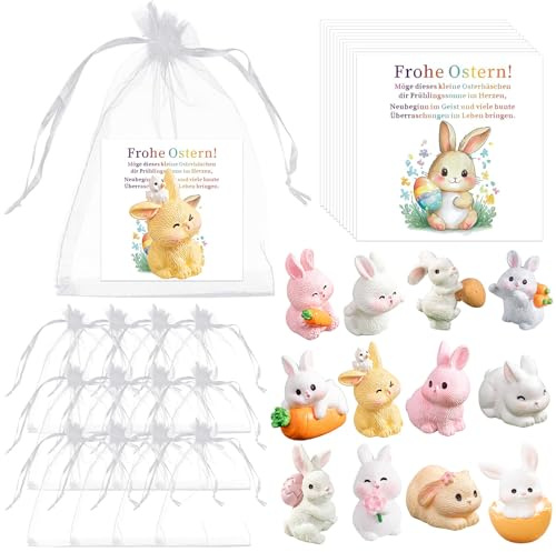 YDUNARISE Glücksbringer Ostern 2026 mit 12 klein Osterhasen Figuren + 12 Glückskarten + 12 Organzasäckchen,Versteckspiel Ostergeschenk Mitgebsel Partytüten