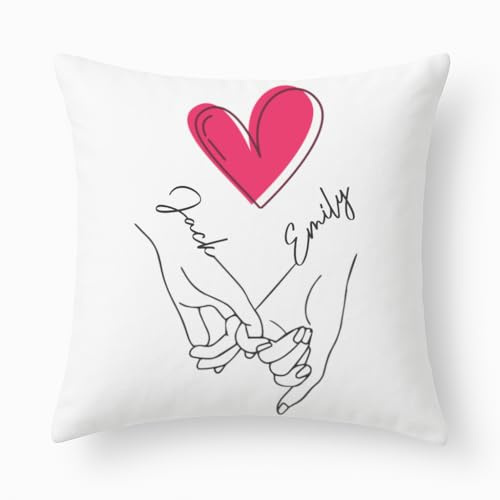 PB TECH Personalised Love Cushion Cover for Couples – Hand Holding Line Art with Heart, Custom Name Pillow Case for Valentine’s Day & Anniversary (Pillow With Cushion Filling)