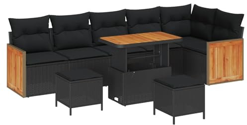 Mhdvray Gartenlounge 9-teilig aus Poly-Rattan Schwarz 286x121x85 cm modularer Balkon-Loungesofa-Set mit höhenverstellbarem Tisch UV-beständig wetterfest für Terrasse Balkon und kleine Gärten