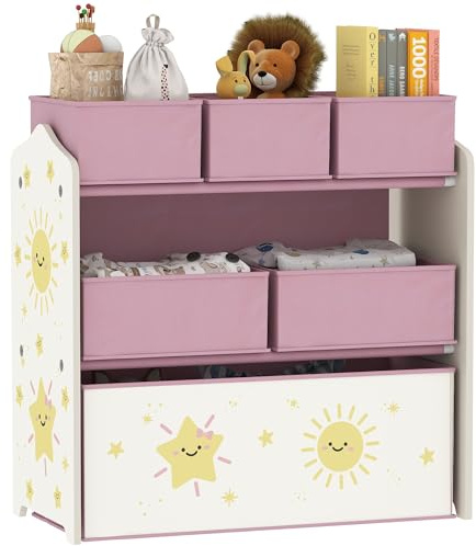AIYAPLAY Scaffale Portagiochi Bambini a 3 Livelli con 6 Contenitori in Tessuto Rimovibili, Mobile Porta Giocattoli per Camera da Letto, Soggiorno e Camera dei Giochi, Rosa